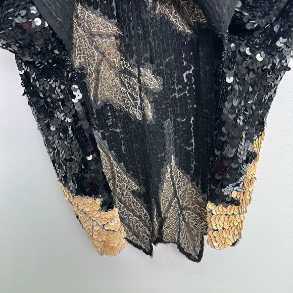 Lillie Rubin Women’s Black Cream All Over Sequin Leaf Illusion Neck Mini Dress - Picture 14 of 16